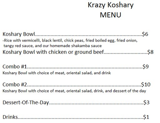 Krazy Koshery menu